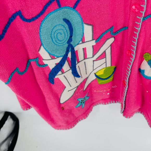 Quacker Factory 3X Pink Beach Scene Embroidered Cardigan Coastal Nautical - Picture 7 of 11